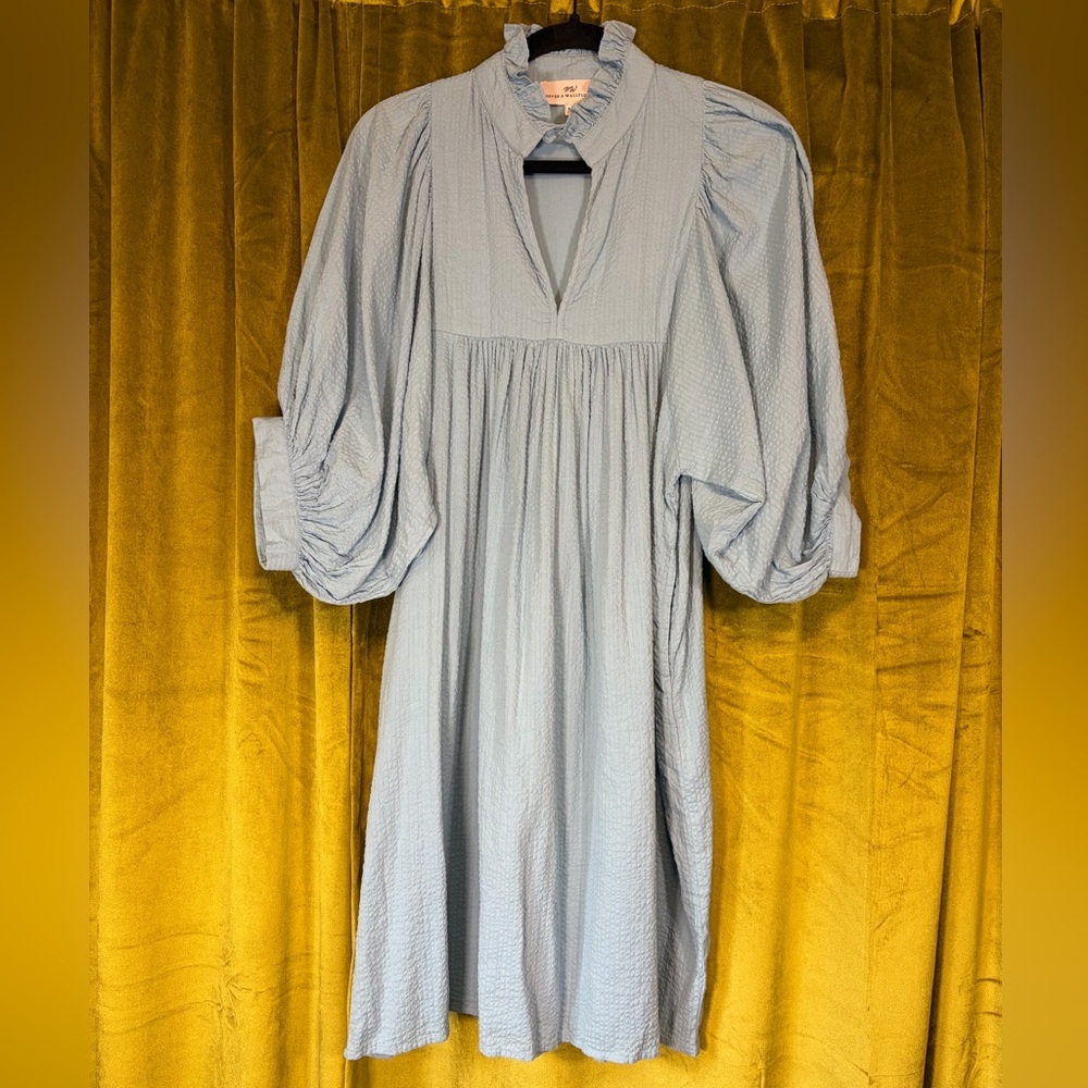 Never a Wallflower High Neck Dress Carolina Blue Seersucker Mini Medium $288 - Picture 3 of 8